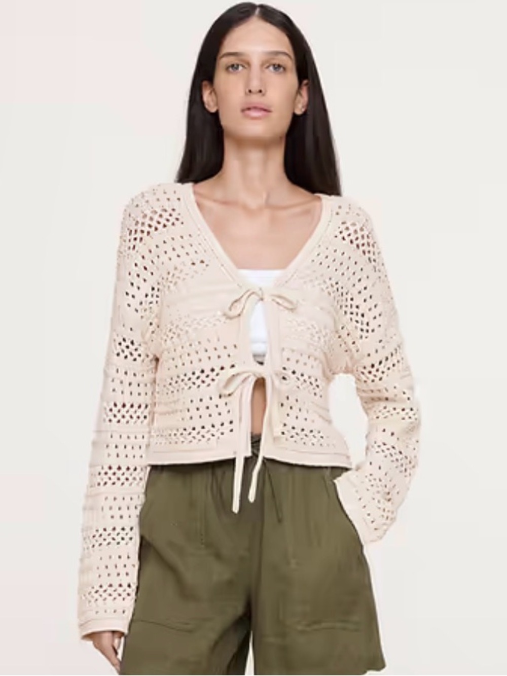 NWOT Banana Republic Coastal Cotton Crochet Tie Front Off White Cardigan Sz L